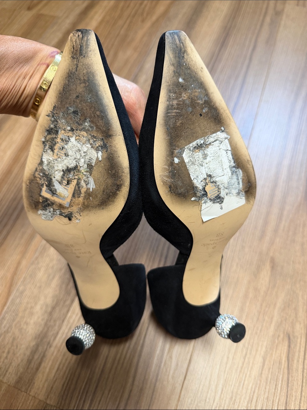 Kate Spade Black Suede Pointed-Toe D'Orsay Pumps with Embellished Heel - Picture 4 of 5